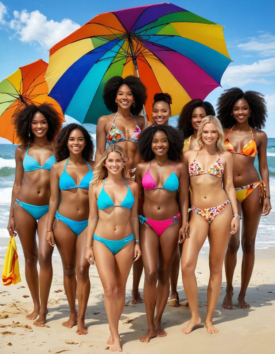 A confident, diverse group of individuals wearing stylish bikinis, proudly showcasing their natural body hair at a sunny beach. The background features a vibrant ocean and sand, highlighting a spirit of empowerment and acceptance. Include colorful beach umbrellas and accessories to enhance the fun atmosphere. super-realistic. vibrant colors. bright and cheerful.