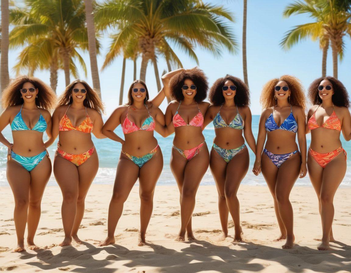 A diverse group of confident individuals of varying body types, proudly wearing bold and creative bikini styles, celebrating body positivity on a sunlit beach. The scene is vibrant, showcasing unique patterns, colors, and styles that embrace individuality. In the background, palm trees sway gently and waves crash, creating a joyful atmosphere. Brightly colored beach towels and sunglasses add to the playful vibe. super-realistic. vibrant colors. sunny beach setting.