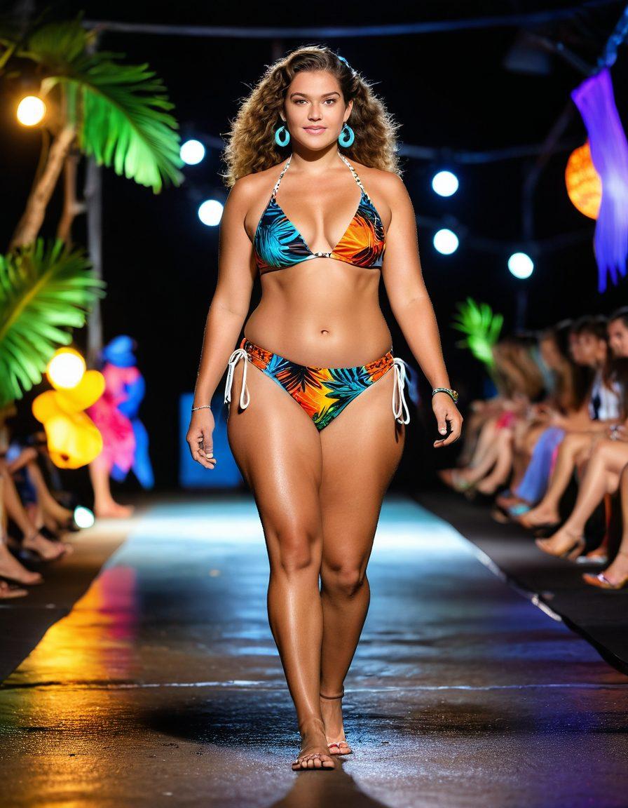 A confident model strutting down a vibrant runway wearing a stylish bikini, showcasing natural body hair with pride. The audience is captivated, with colorful lights illuminating the scene. The background features fashion-forward elements, including playful beach props and tropical motifs. Highlight the juxtaposition of high fashion and body positivity. super-realistic. vibrant colors. energetic atmosphere.